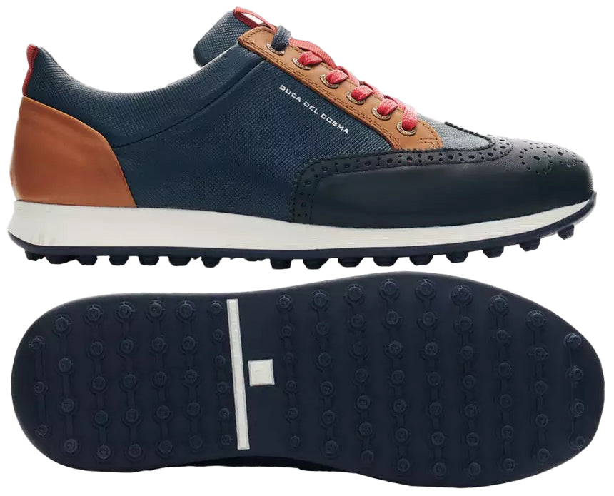 Duca Del Cosma Camelot Premium Spikeless Golf Shoes - Navy / Cognac / Red - Handmade in 🇵🇹