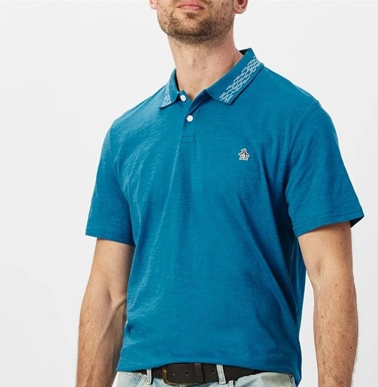 Original Penguin Contrast Collar Heathered Golf Polo Shirt - Vallarta Blue