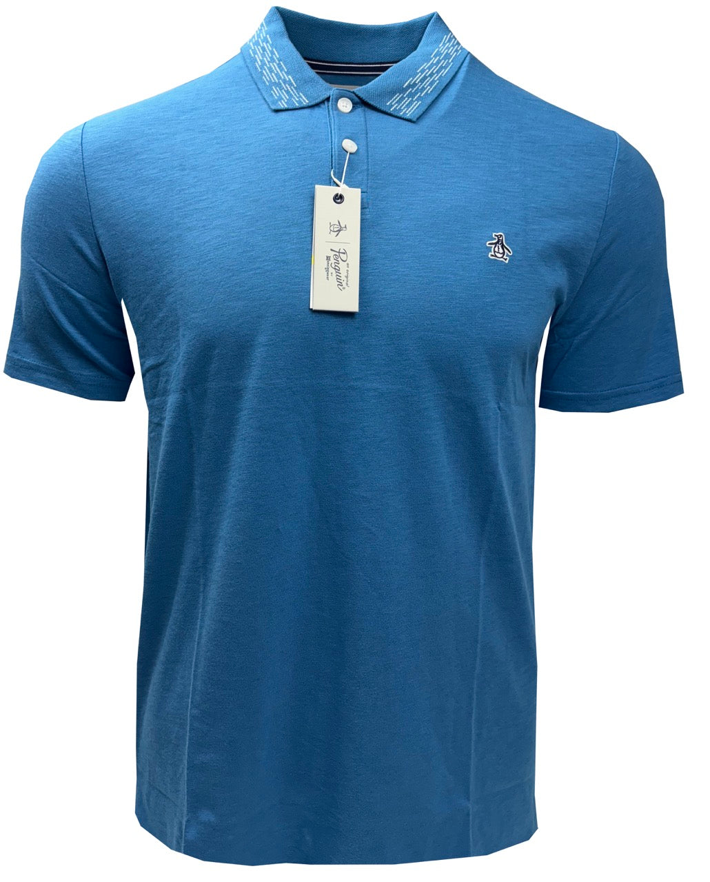 Blue polo shirt with a tag on a white background