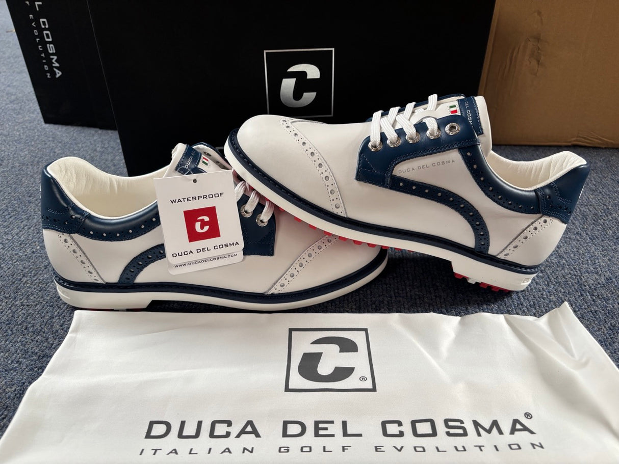 Duca Del Cosma Barasso Premium Spikeless Golf Shoes - White / Blue - Handmade in 🇵🇹