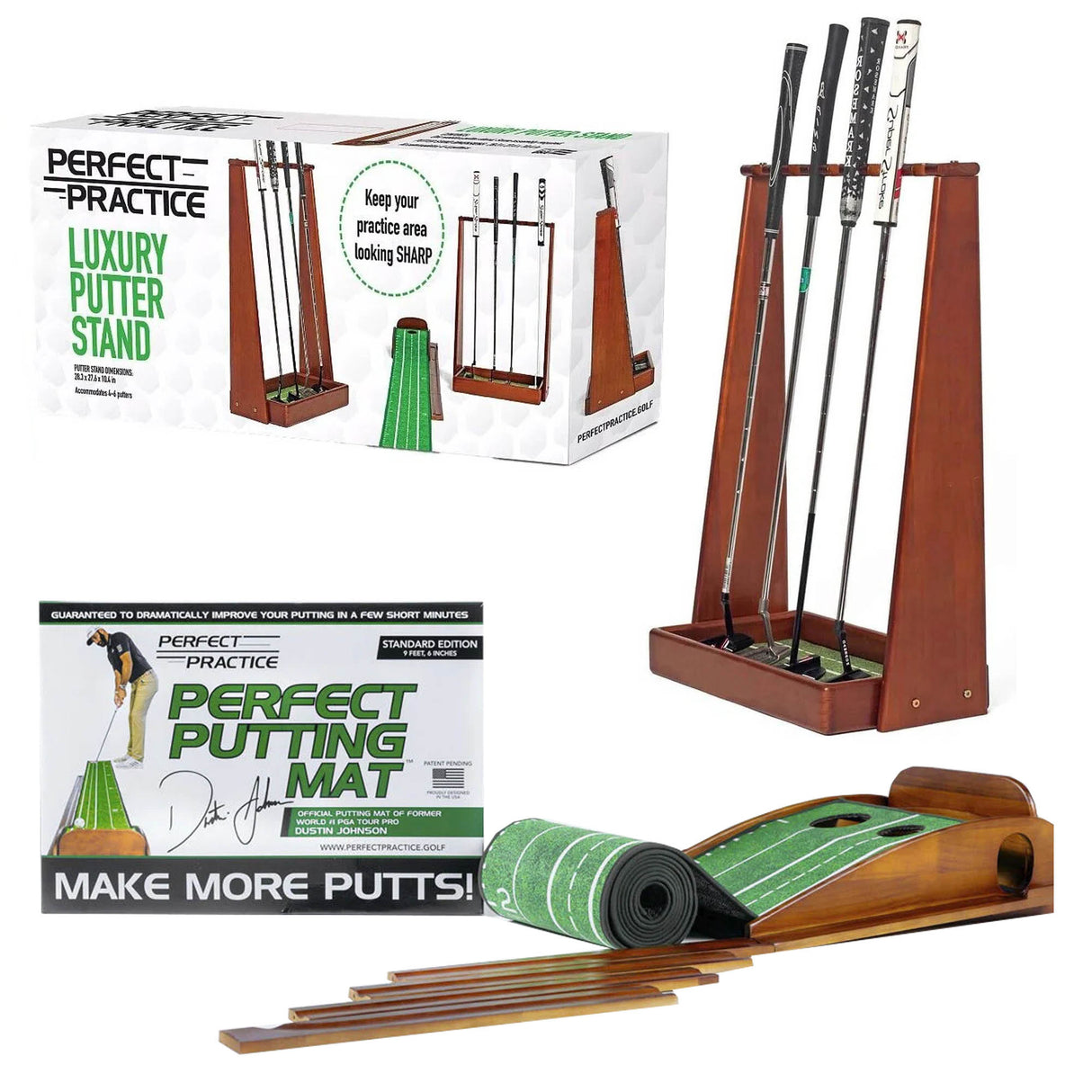 Perfect Practice Golf Putting Mat - Standard Edition + Putter Stand Bundle - As Used By Dustin Johnson