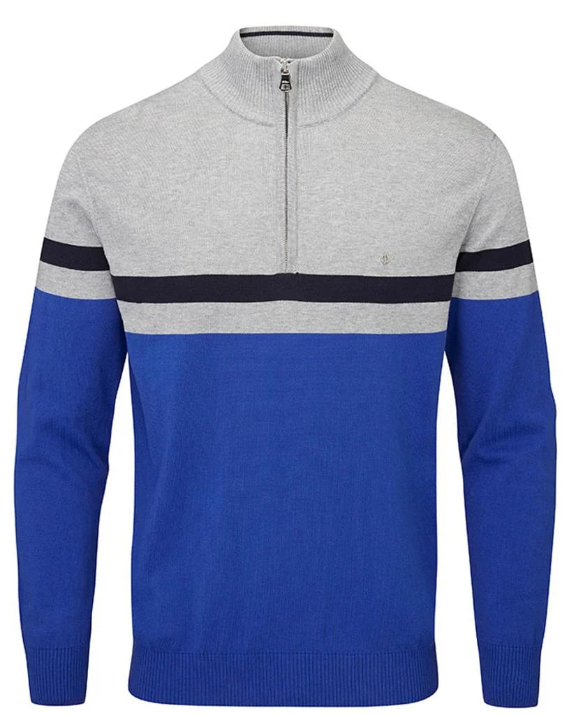 Oscar Jacobson Windsor Pin Cotton 1/4 Zip Pullover - Blue / Grey