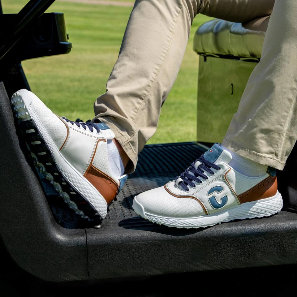 Duca Del Cosma Positano Premium Spikeless Golf Shoes - White / Cognac / Jeans - Handmade in 🇵🇹