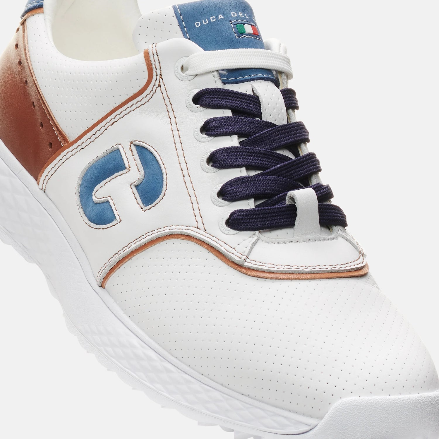 Duca Del Cosma Positano Premium Spikeless Golf Shoes - White / Cognac / Jeans - Handmade in 🇵🇹