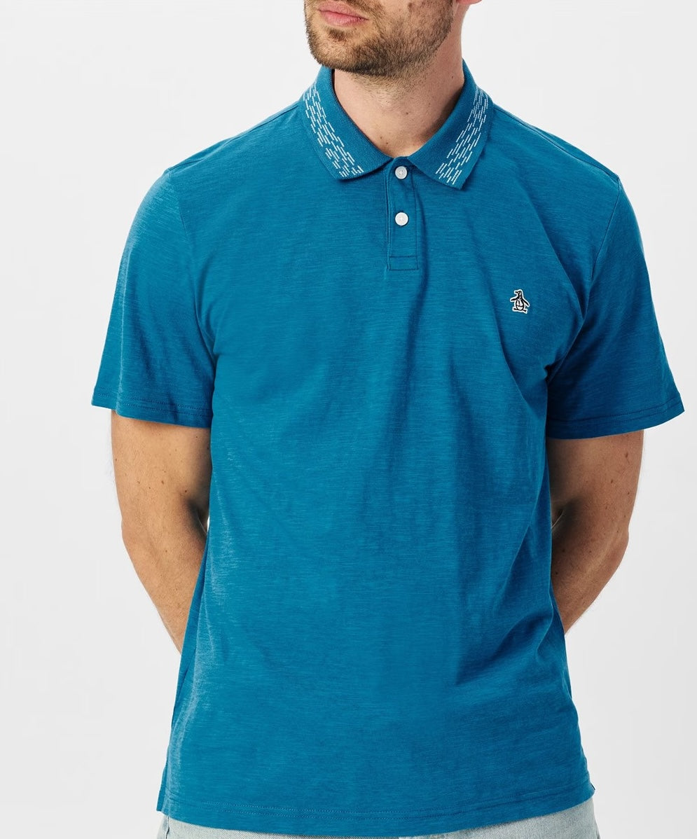 Original Penguin Contrast Collar Heathered Golf Polo Shirt - Vallarta Blue
