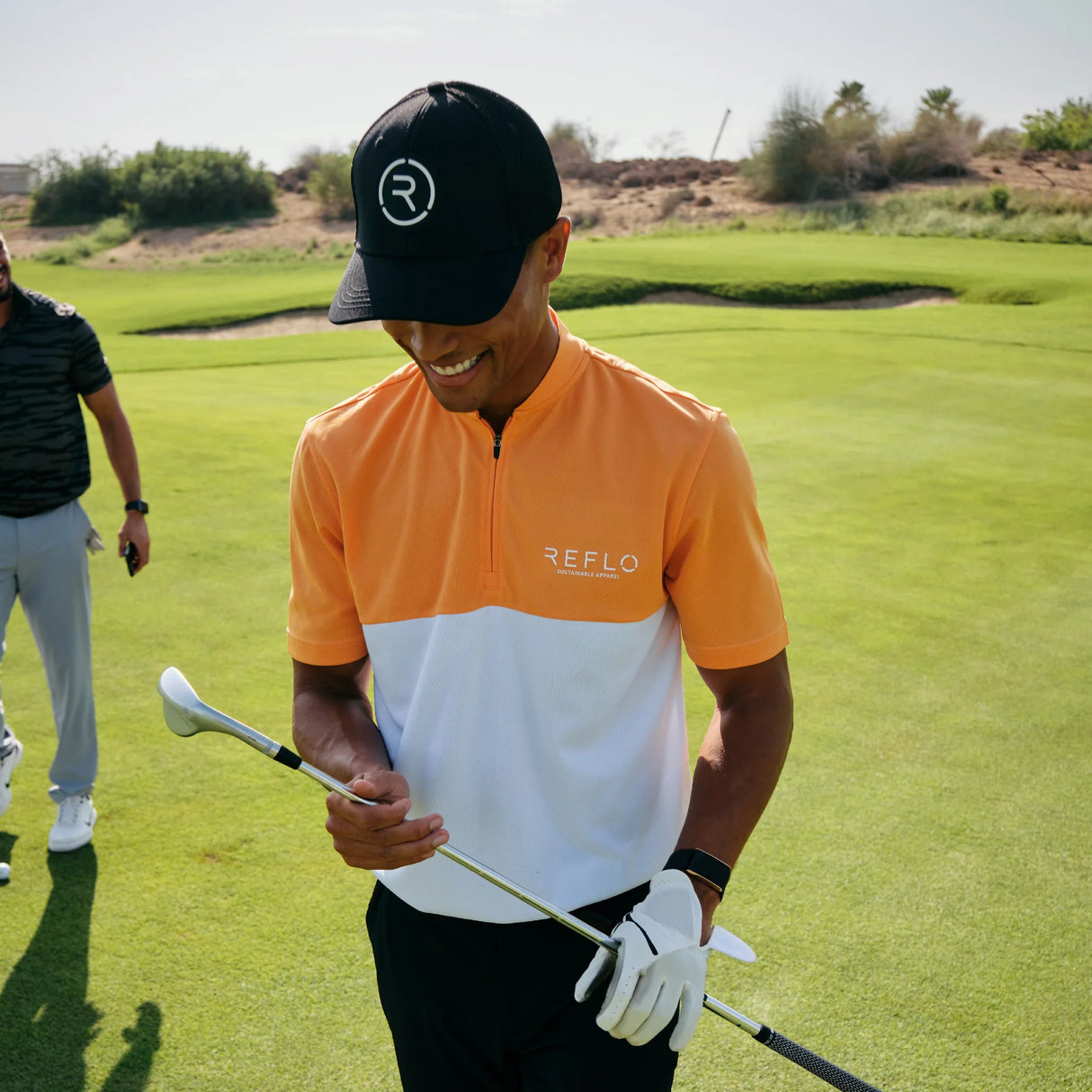 Reflo Tobol Blade Collar Zip Neck Performance Golf Polo Shirt - Tangerine / Bright White