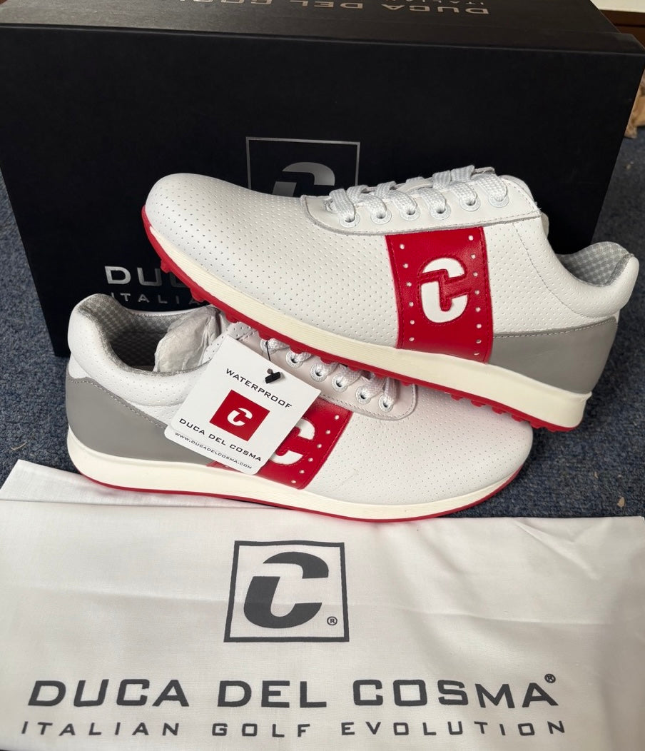 Duca Del Cosma Belair Premium Spikeless Golf Shoes - White / Red - Handmade in 🇵🇹