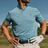 Adidas Blade Neck Sport Stripe Golf Polo Shirt - Blue
